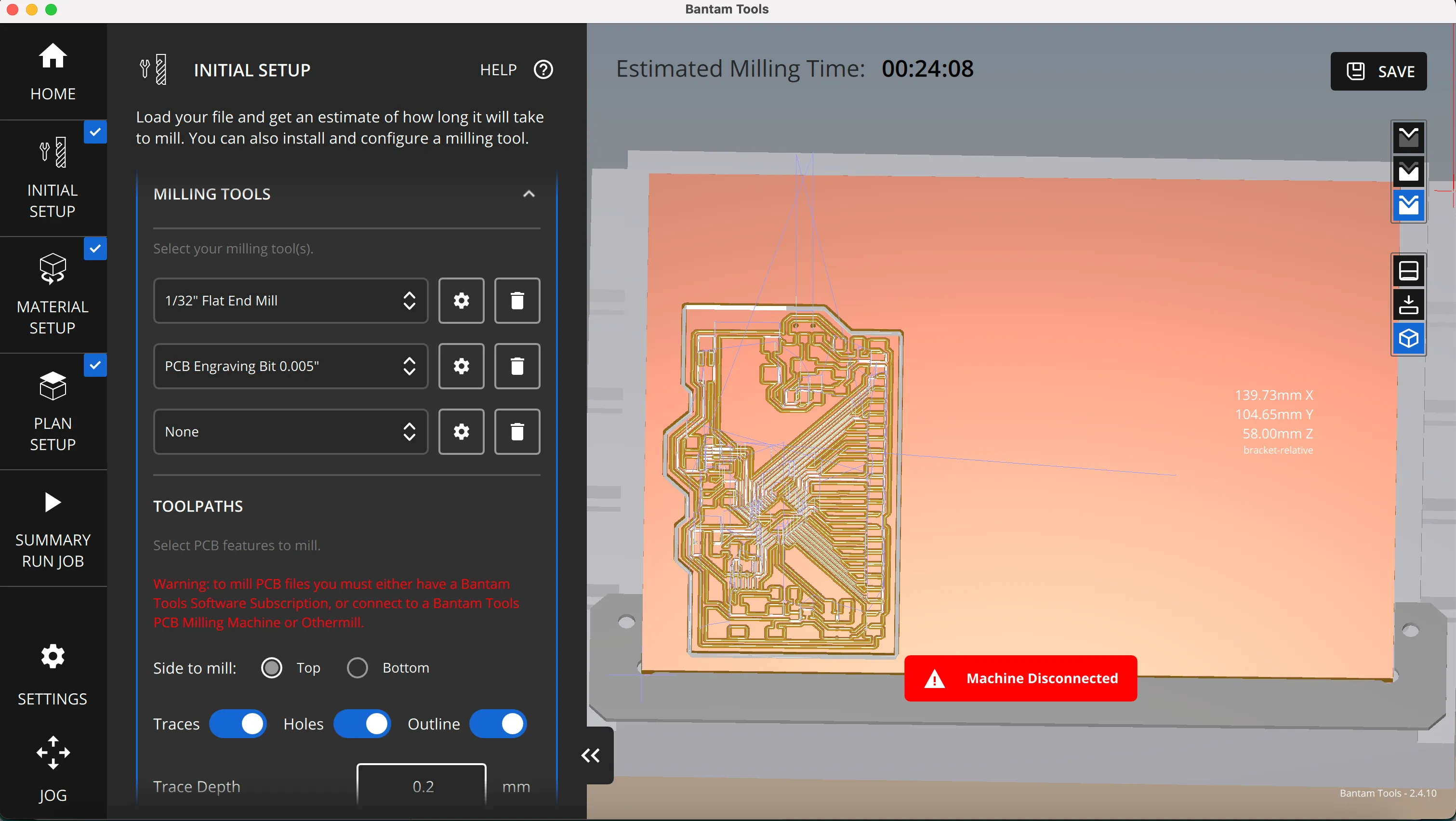 Othermill job time using a 0.005 engraving bit